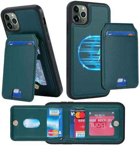ELTEKER Handyhülle für iPhone 11 Pro Hülle mit Kartenfach Magnetischer Abnehmbarer Wallet Kartenhalter,Klapphülle Leder Schutzhülle - dunkelgrün