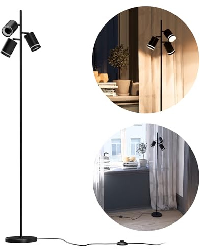 linovum TAVIRA Stehleuchte 3-flammig schwarz 150cm für GU10 | Moderne Stehleuchte 150cm - drei schwenkbare Köpfe, mit Fußtaster, ideal als Arbeits- & Leselampe, für GU10 (ohne Lampe)