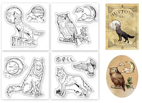 GLOBLELAND 4 Stück Mini Stempel Mit Wolf Eule, Realistische Tiere, Wolf Eule, Silikon, Transparentes Siegel, Klare Stempel Für DIY Scrapbooking, Fotoalbum, Dekorative Karten, 2.2x2.2inch