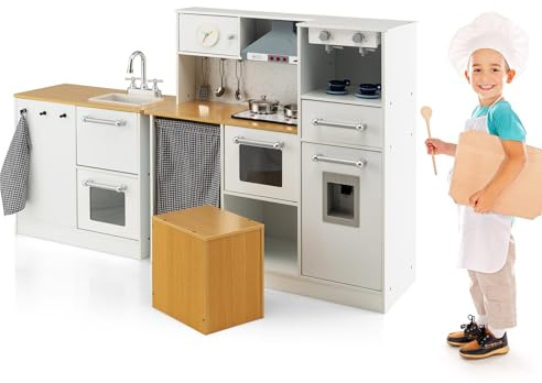 HOMASIS Cuisine pour Enfants avec Lumière et Son, Jeu en Bois avec Tabouret et Accessoires, d'Angle pour Poupées à Partir de 3 Ans