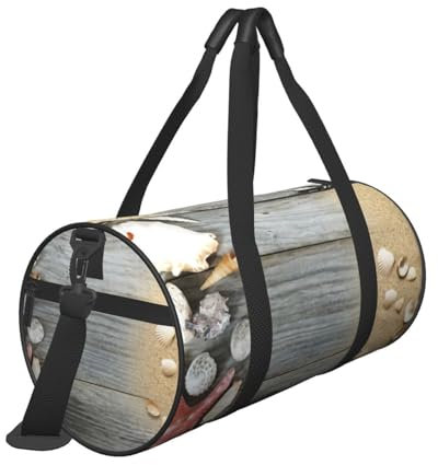 Seashells on Wooden Board Print Travel Duffel Bags with Pocket and Adjustable Strap Large Gym Bag Fashion Yoga Bag for Women Men