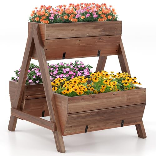 COSTWAY vertikales Hochbeet mit 2 Etagen, Blumenbeet mit 3 Pflanzkästen & Ablauflöchern, Blumentreppe Gartenbeet Tannenholz, Blumenkasten für Terrasse Balkon Garten, Braun (66x73x73cm)
