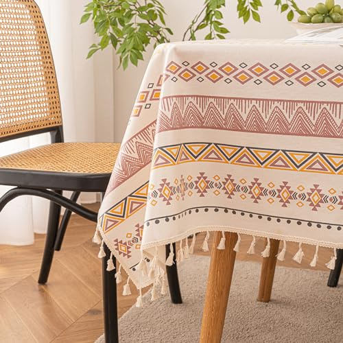Qelus Tischdecke Outdoor Abwischbar, Gartentischdecke 140x140cm Eckig, wasserdichte Tischtücher Boho mit Quasten, Garten Tischtuch Table Cloth für Außen und Innen Balkon Küche, Bunte, 1 Stück