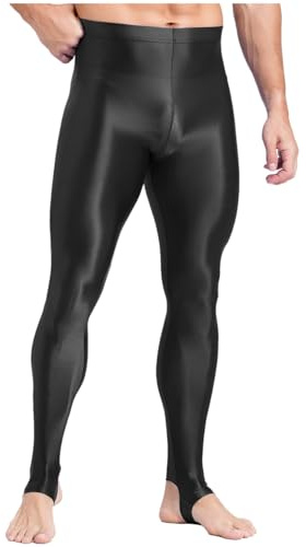 Runhomal Men's Nylon Stirrup Leggings Glossy High Elastic Tights Seamless Compression Workout Pants Black L