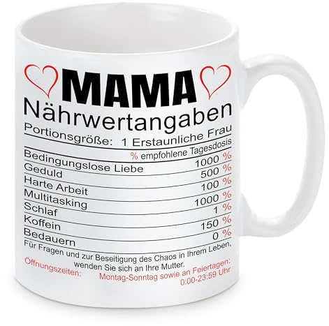 Tasse mit romantischem Spruch | Mama Nährwertangaben | Keramiktasse für die beste Mama zum Geburtstag - Muttertag | hochwertiger Druck optional mit Wunschtext auf der Rückseite