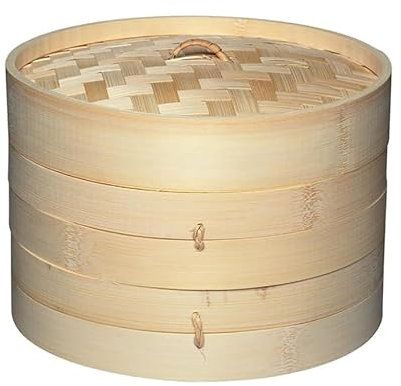 ANSNOW Bamboo Steamer, Two Tier Baskets with Lid - Steamer Basket Rice Cooker Bamboo Steamer Cooker Pot-Traditional Oriental Style-for Dumplings, Rice, Dim Sum, Vegetables, Fish and Meat/2 Layers +