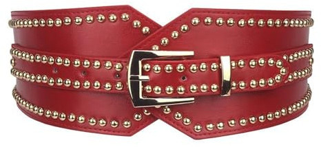 Inzegao Elastischer breiter Gürtel für Damen, Punk-Stil, Nieten, PU-Leder, Nieten, Taillengürtel, Rot/Ausflug, einfarbig (Getaway Solids), fit waist 23.6-31.5 inch