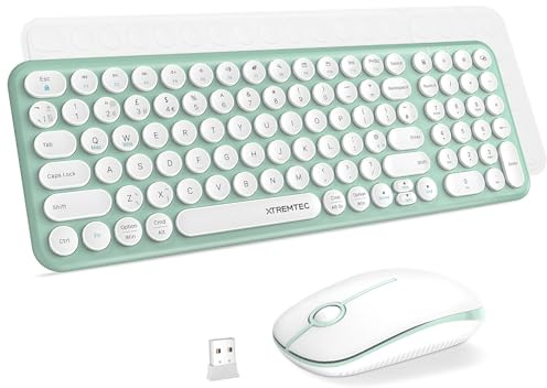 XTREMTEC Wireless Keyboard and Mouse set,Compact Size Cute Keyboard Retro Round Key cap-2.4GHz Ultra-Slim Quiet Aesthetic for Mac OS,Windows Computer Laptop-UK Layout(Macaron Green)