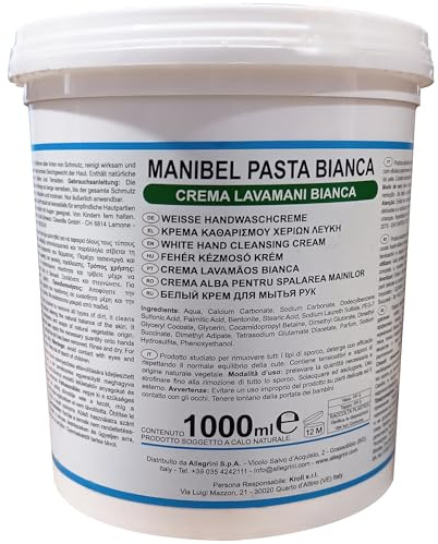 Allegrini Manibel Pasta Lavamani Bianca Sapone Mani Professionale per Officina Profumato ed Emolliente Rimuove Grasso Olio Catrame Inchiostro e Vernice 1000 ml