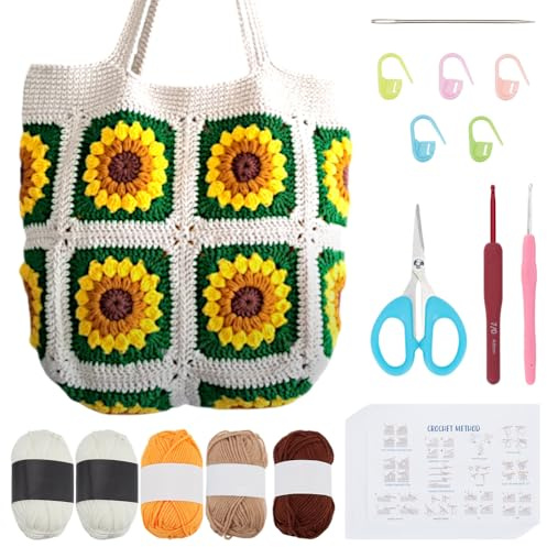 FREEBLOSS Sac à provisions à faire soi-même avec motif tournesol pour débutants avec instructions vidéo étape par étape (français non garanti) pour adultes, kit de démarrage au crochet