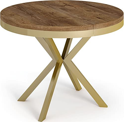 WFL GROUP Runder Ausziehbarer Esstisch - Loft Style Tisch mit Goldenen Metallbeinen - 120 bis 200 cm - Industrieller Tisch für Wohnzimmer - Kompakt - 120 cm - Lefkas Eiche