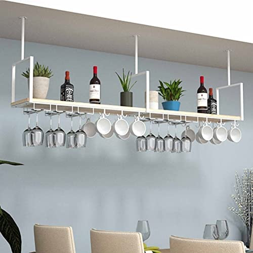 Portabicchieri da vino sospeso, Portabottiglie sospeso - Portabicchiere da vino a soffitto, Espositore/Mensola a muro in legno massello montato a parete, Portabicchiere in ferro battuto fai-da-te/Port