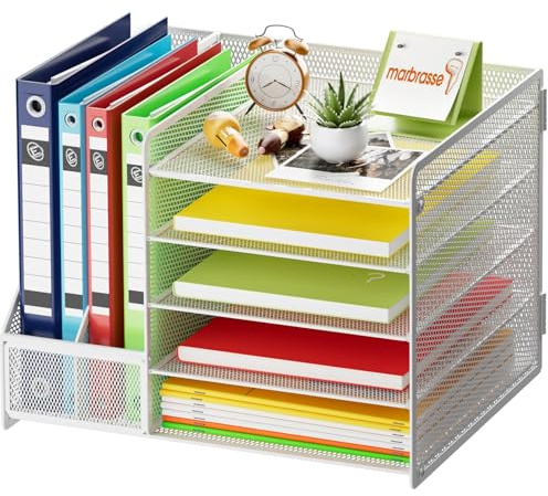 Marbrasse Schreibtisch Organizer mit Aktenhalter,5 Ebenen Papier Briefablage,Schreibtisch Netz Ablagefächer Organizer Dokumentenablage für Büro Bedarf(Weiß no Schublade)