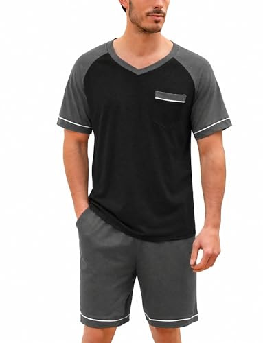 Irdcomps Pyjama Homme Coton Été Ensembles de Pyjama Ete Court Doux à Manches Courtes col V Vêtements de Nuit Vêtements de Détente Couleurs Contrastées Ensemble Pyjama Estival Gris XXL