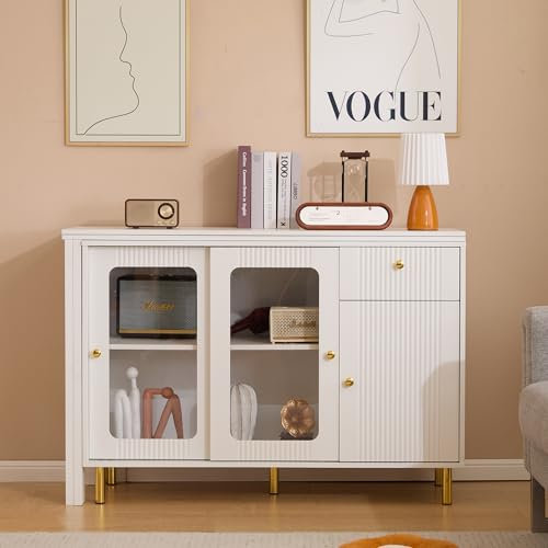ModernLuxe Buffet avec plateau extensible, surface pivotante, portes coulissantes en verre trempé et pieds en métal doré, moderne et polyvalent, pour salle à manger et cuisine, blanc