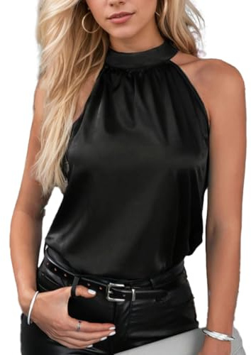 EMOTTOS Damlinne, linne i satin, kort ärmlös mock hals crop tanktoppar, ledig säckig veckad väst blus för kvinnor, svart, S-L, svart, S