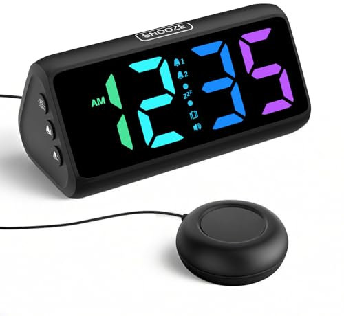 Väckarklocka ljud för djupsömnare, högpresterande vibrationer, dubbellarm, RGB-display, 5 ljusstyrkenivåer, 4 volymer, snooze, hörselskadade äldre tonåringar