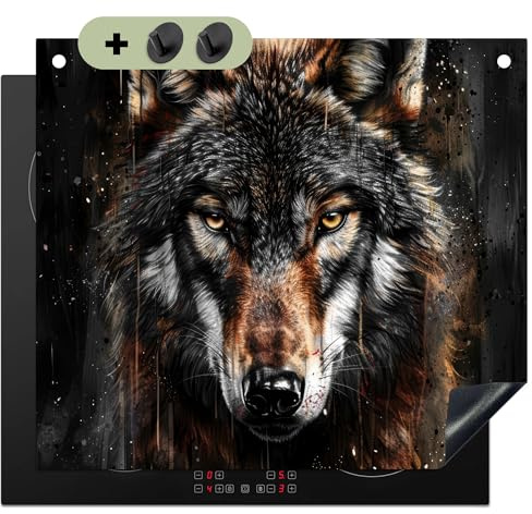 KitchenYeah© Herdabdeckplatte Einteilig Küche Herdabdeckung Induktionsfeld | 60x52 cm - Ceranfeld Herdabdeckplatten Vinyl Matte, Spritzschutz Küchenrückwand Tier - Wolf - Porträt - Schwarz - Braun