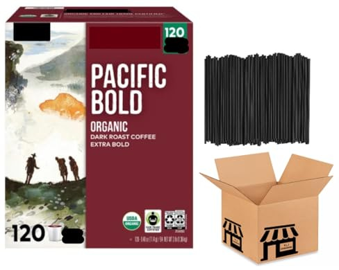 Generic Pacific Bold Organic Dark Roast Extra Bold Coffee K' Cups - 120 Count Value Box Coffee Pods Single Serve (Packaging May Vary) With Stirrers