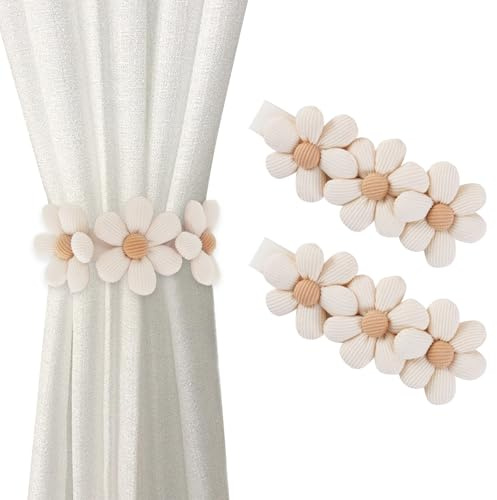 Nhgkju Vorhang Raffhalter 2 Stück – Blumen Druckknopf Gardinenband (45cm, Beige) – Ohne Bohren, Kinderzimmer Vorhänge Binden, Mädchen Deko, Elegant & Einfach