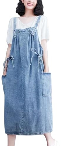 SFHDFLUQ Dam justerbar rem Tencel denim overaller klänning plus size jeans lös passform baggy overall jumper elegant volang fåll hängselklänning med fickor S - 5XL, Tvättad blå, S