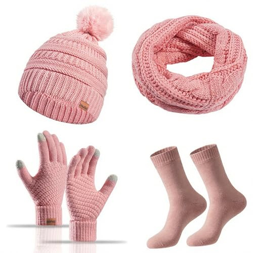 Wintermütze Touchscreen Handschuhe Schal Socken 4 Stück Damen Winter Ski Set,Weiches Fleece Innenfutter Tolles Warm,Stretchy Strick Beanie Cap, Elastischer Nackenwärmer,Verdickte Socken (Rosa)