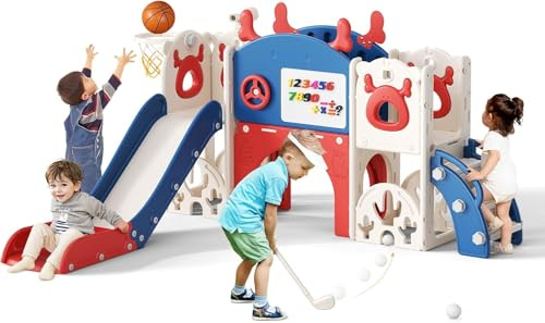 Kinderrutsche, große Kleinkind Rutsche mit Basketballkorb,Klettergerüst für den Garten, Teleskop, Stauraum, für 1-3 Jahre,extra Lange 1700 mm ((7-in-1 Elchrutsche - Blau und Rot))