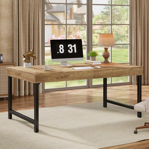 Tribesigns 55 Industrial Executive Desk for Home Office, Rustic Simple Computer Laptop Desk with Strong Metal Legs, Study Writing Table Business Workstation, Small Conference Table (Brown)