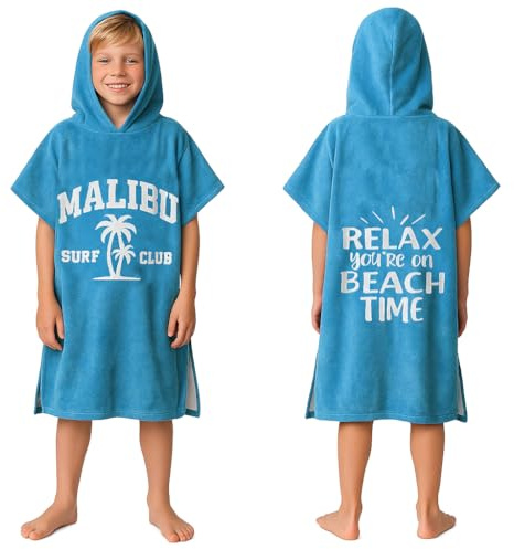 CalmyBEACH Badeponcho Kinder Poncho Handtuch - Mädchen Jungen Surf Frottee Bademantel Badetuch Baumwolle Strandponcho Surfponcho Kapuzenhandtuch 8-11 Jahre Malibu Blau