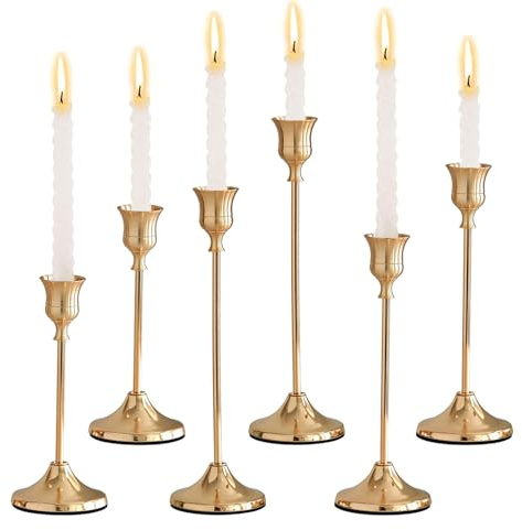JurciCat Bougeoir Doré Bougeoir Décoratif Vintage Chandelier16/19/22 cm pour Fête Mariage Décoration de Table Cérémonie de Passage à L'âge Adulte Anniversaire (Doré 6 Pièces)