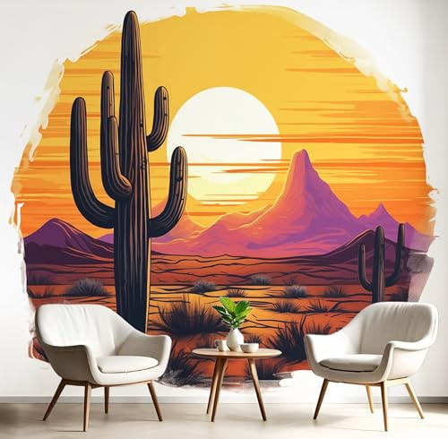 GSAEIMCT Orange-Yellow Mural Photo Wallpaper,Sunset Cactus Wallpaper for Living Room Tv Backdrop Office,3D Effect Desert Scenery Large Wall Mural Paper Decoration Poster Picture,150X105Cm