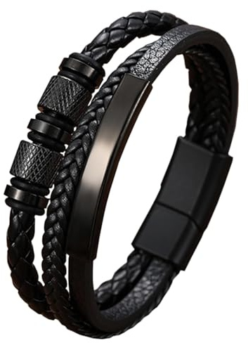 QKEOISUD Men's Woven Leather Bracelet Black PU Leather Classic Jewellery Accessories Stainless Steel Casual Hip-hop Punk Cuff Bracelet Classic Jewellery Accessories for Men