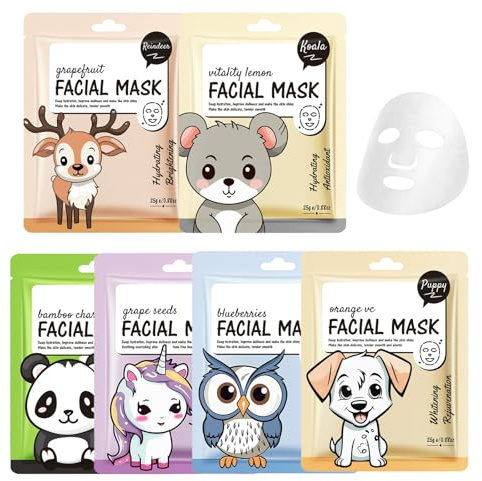Tuchmasken Gesicht 6 Stück, Gesichtsmaske Set mit Tier Cartoon Motiven, Feuchtigkeitsspendende Face Mask für Teenager Mädchenn, Beruhigende Feuchtigkeitsmaske als Beauty Geschenkset Frauen