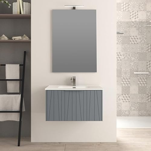 Yellowshop – Mobile Bagno Completo HARRY 80 cm in MDF PVC Lavorato con Lavabo in Ceramica, Specchio 80×60 cm e Applique LED 30 cm – Cassetto Soft-Close Blu Avio