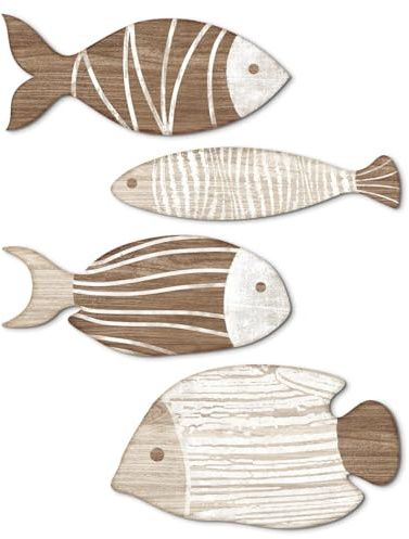 Putuo Decor Set de 4 Peces Decorativos Pared Madera Tonos Naturales, Estilo náutico rústico líneas Blancas para baño Cocina salón recibidor, decoración mediterránea Costera