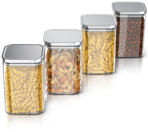 Arendo - Vorratsgläser 1200ml mit Deckel Edelstahl - 4er Set - Behälter aus Glas – hitzebeständig – Vorratsdosen/Vorratsbehälter mit Edelstahl Deckel - luftdicht - für Müsli Zucker Mehl Kaffee