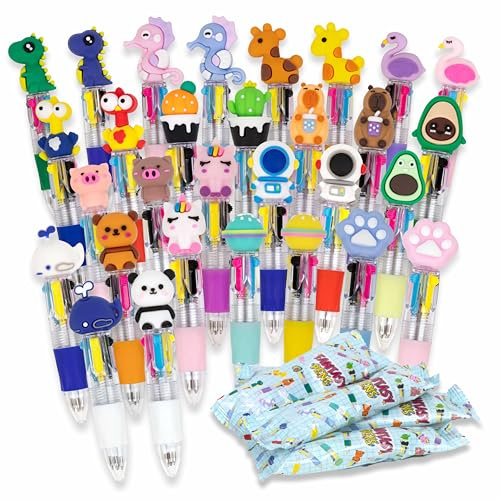 BONNYCO Boligrafo Multicolor, Pack 30 Regalos Cumpleaños Niños Colegio en Bolsas Sorpresa. Boli 4 Colores con Figuras Divertidas. Detalles Cumpleaños Niños, Regalitos Alumnos, Relleno Piñata