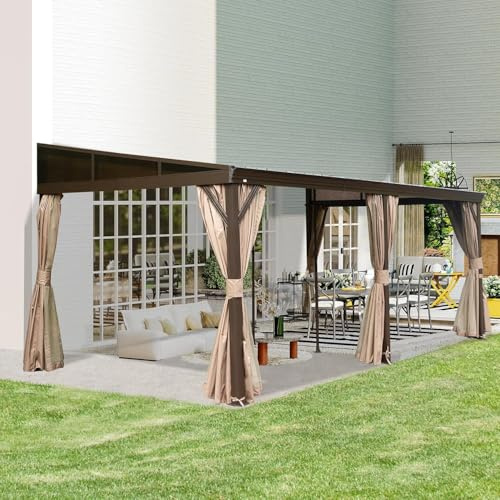 Domi 3,61 × 6,23 m Anbaupavillon, wandmontierter Pavillon mit festem Dach, verzinktes Stahldach mit Regenrinnen, inkl. Vorhänge und Moskitonetze, Metall-Überdachung für Terrasse & Garten