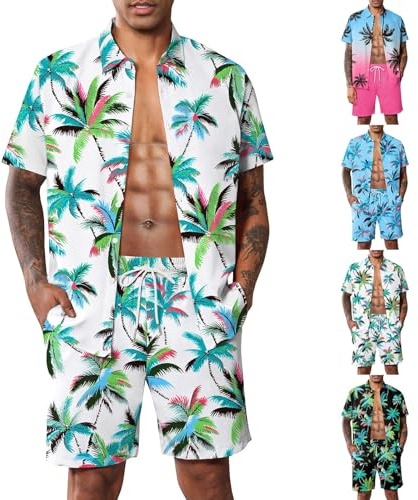 GUNJXNIL Fritidsoverall herr sommar 2 delar Hawaii strandkläder sommardräkt blommigt blommönster Hawaii-skjorta & korta byxor set tryckt casual strandset bekväma semesterkläder för män, Vit, L