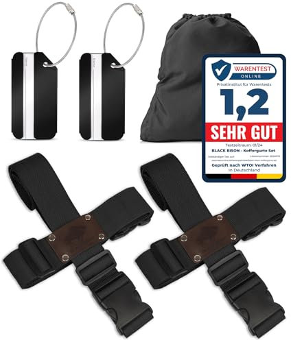 Koffergurt Set 4 Stück - Gepäckgurt Kofferband + Gratis 2 Kofferanhänger Schwarz