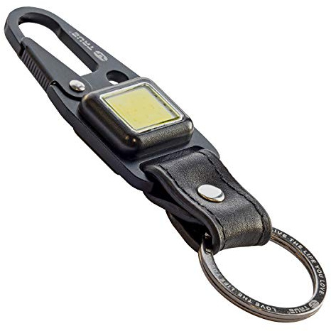 True Utility TU918 Cliplite, Rechargeable Light with Keyring Clip, Four Light Modes, Cowhide Leather, Titanium Coated Stainless Steel, One Size, Black, 11 cm | Rechargeable COB keyring torch & flashlight with 4 modes, carabiner clip and leather fob – EDC camping light
