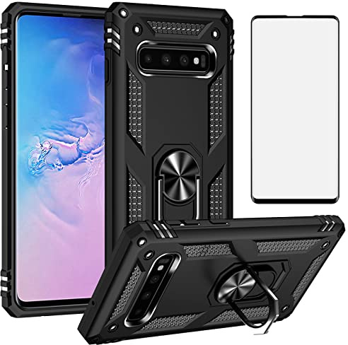 Phone Case for Samsung Galaxy S10 with Tempered Glass Screen Protector Cover And Magnetic Rugged Stand Ring Holder Mobile Accessories Protective Hard Shockproof Bumper S 10 10S GS10 SX Girls Men Black