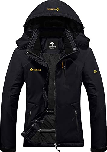 GEMYSE Dam, vattentät skidjacka, vindtät fleece, utomhus, vinterjacka med huva, svart, S