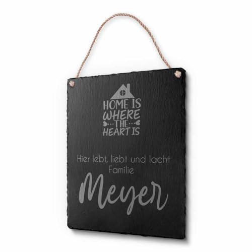 Schöne Schiefer Türschilder für die Haustür mit Gravur | Schiefer-Schild mit Kordel zum Aufhängen in ca. 20x25 cm Gravierte Namensschilder Klingelschilder mit Namen oder Texten Herzlich Willkommen