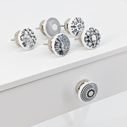 Knober 6 Stück | MIXSET | Möbelkopf | Serie Dec filgran verziert | abriebfest | Montur aus Edestahl | Möbelknöpfe 40mm Knauf | Türgriff Gewinde metrisch M3 | schwarz-weiß | SET