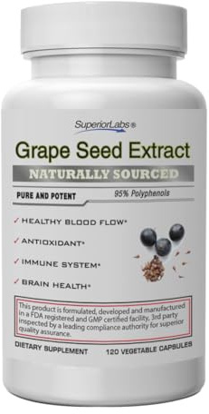 Superior Labs Grape Seed Extract, 400mg, 120 Vegetable Capsules, 95% Polyphenols, High Antioxidant Content, Healthy Blood Flow, Supports Immune System and Brain Health