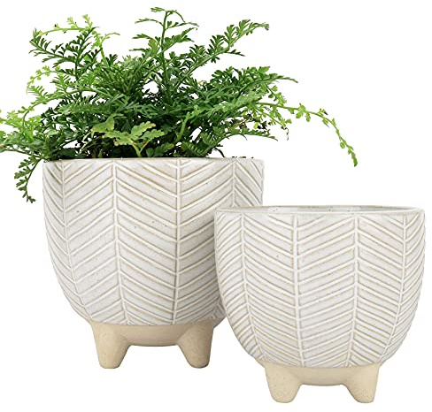 LA JOLIE MUSE Ceramic Footed Flower Plant Pots - 6.7 + 5.1 Inch Boho Decor Indoor Planters with Drainage, Home Decor Gift, Beige