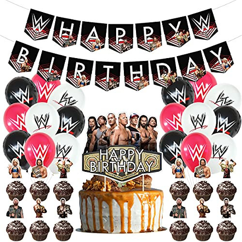 Wrestling Birthday Decorations, Wrestling Party Supply include Happy Birthday Banner, Cake Topper, Cupcake Toppers, Balloons for Kids Adults Party Decorations