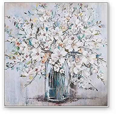 MWMG Acrylbilder Auf Leinwand Handgemalt,Weiße Textur Magnolie Blumenstrauß Vase Realismus Moderne Abstrakte Kunstwerk Gemälde Handgemalte Ölgemälde Auf Leinwand Wandkunst Für Wohnzimmer Schlafzimm