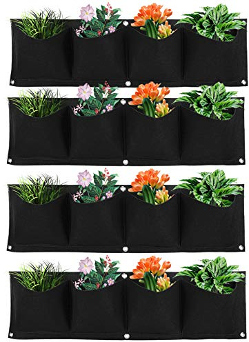 mumisuto 4Pcs Hanging Plant Grow Bags, 16 Pockets Wall Mounted Hanging Planter Vertical Flowerpot Bag Breathable Nonwoven Fabric Grow Bags for Yard Garden Home Decoration